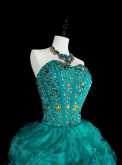 Vintage 1760s High Low Sweetheart Green Organza Sleeveless Tiered Layers Long Prom Dresses N1588