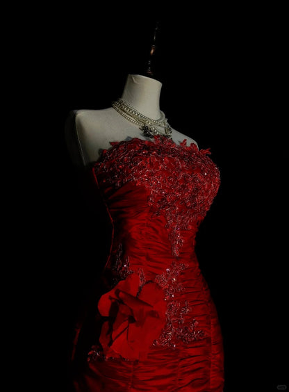 Vintage Meerjungfrauen-Kleid, trägerlos, rot, Tüllapplikationen, ärmellos, 80er Jahre, ärmelloses Ballkleid, langes formelles Abendkleid N1440