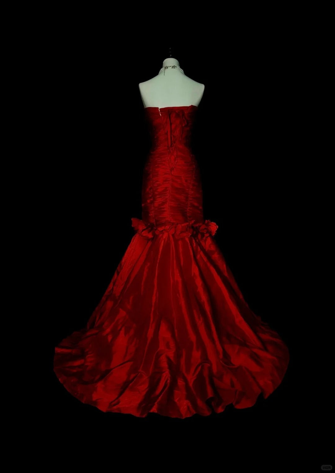 Vintage Meerjungfrauen-Kleid, trägerlos, rot, Tüllapplikationen, ärmellos, 80er Jahre, ärmelloses Ballkleid, langes formelles Abendkleid N1440