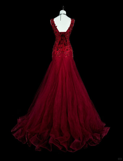 Robes de bal vintage esthétique Années 60 Rétro Col en V Sirène Bourgogne Longue Robe de soirée N2146