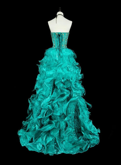 Vintage 1760s High Low Sweetheart Green Organza Sleeveless Tiered Layers Long Prom Dresses N1588