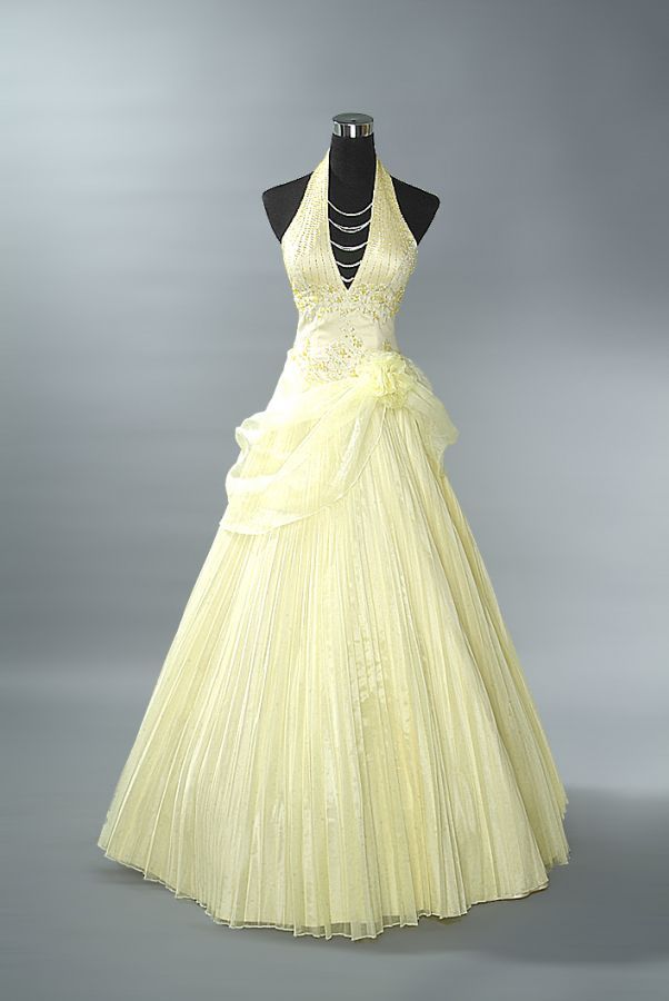 Dreamy Ball Gown Halter Sleeveless Sweep Train Taffeta Yellow Long Prom Dress Evening Party Formal Outfits RB6689