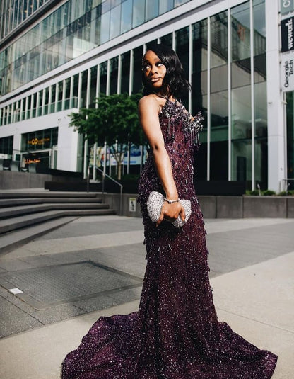 Sexy Special Occasion Dress Mermaid Sweetheart Grape Sequins Prom Dresses With Beads Gem Party Dress Long Evening Dresses AB2103