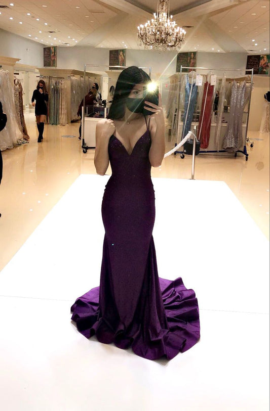 Sexy Mermaid Spaghetti Straps Grape Long Prom Dresses Inspiration Party Dress Prom Gown AB077