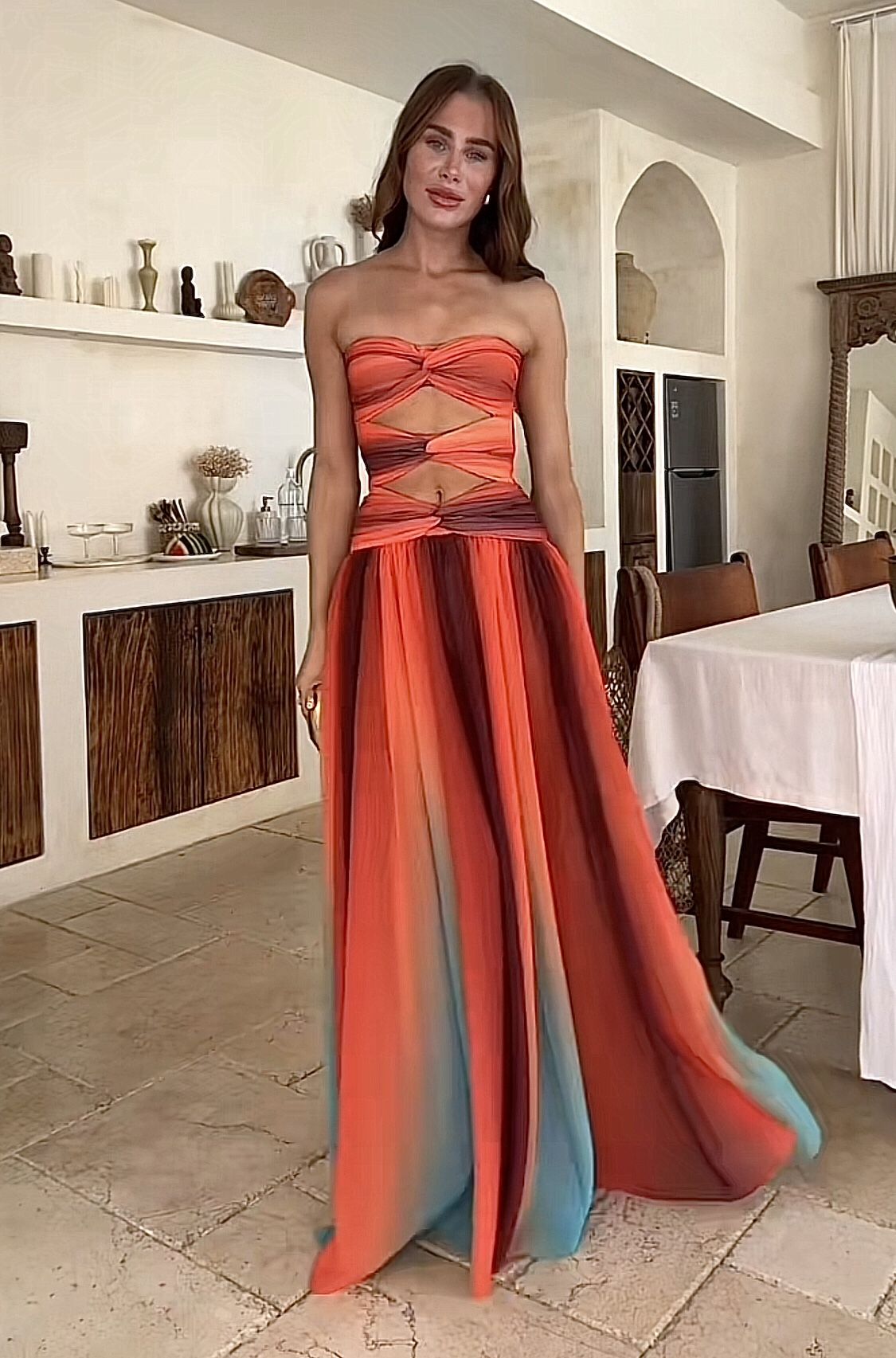 Robe Longue Femme Tie Dye Col Bateau Dégradé Creux Robe de Soirée d'Été N2349