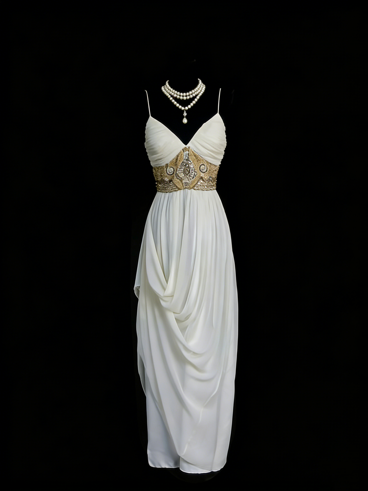 Robe de bal de fin d'année chic en mousseline blanche à bretelles spaghetti et perles, coupe trapèze, idéale pour le lycée (N1249)