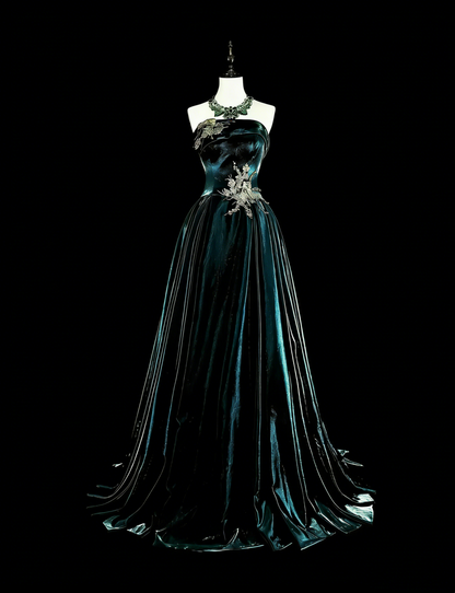 Robe de bal longue vintage années 70, coupe trapèze, bustier, en velours vert foncé avec appliques dorées, référence N1845