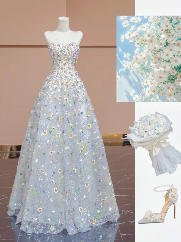 Niedliches, trägerloses Ballkleid aus floralem Tüll für Damen, langes, formelles Abendkleid, Ballkleid zum 20. Geburtstag AB1310