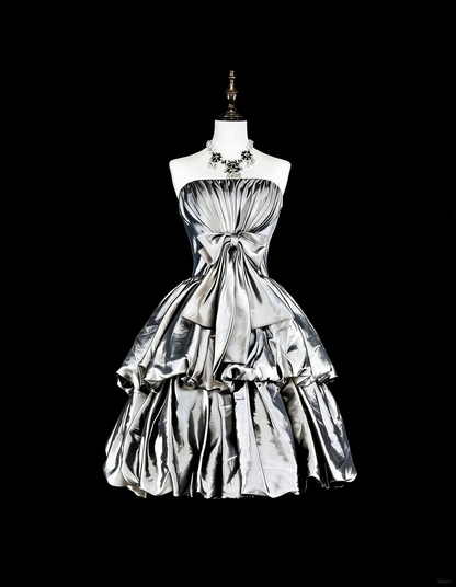 Robe de bal vintage bustier en taffetas gris argenté, courte, inspiration années 2000, robes de bal de promo, robe de soirée N1612