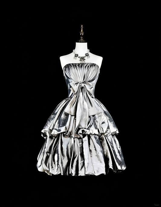Vintage Ball Gown Strapless Silver Gray Taffeta Short Inspo 2000s Hoco Gowns Inspo Homecoming Dresses N1612
