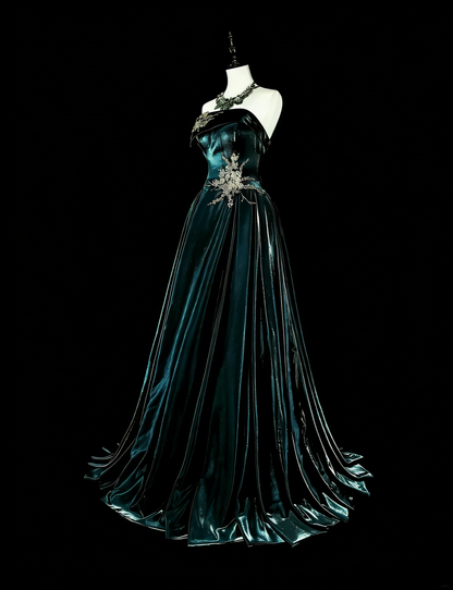 Robe de bal longue vintage années 70, coupe trapèze, bustier, en velours vert foncé avec appliques dorées, référence N1845
