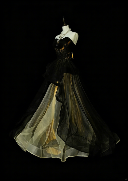 Robe de bal vintage bustier cœur en tulle noir sans manches années 80, robe de soirée longue et élégante N1460