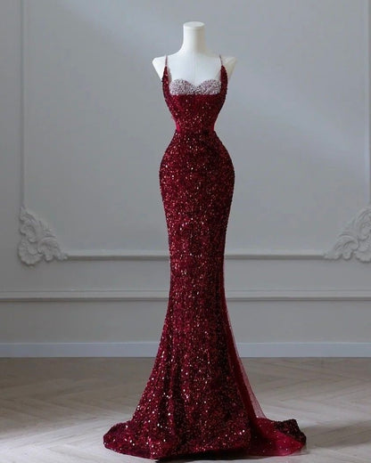 Elegantes Meerjungfrauen-Kleid mit Spaghettiträgern, burgunderroten Pailletten, langes formelles Abendkleid, Ballkleid, Kleid zum 18. Geburtstag AB1305