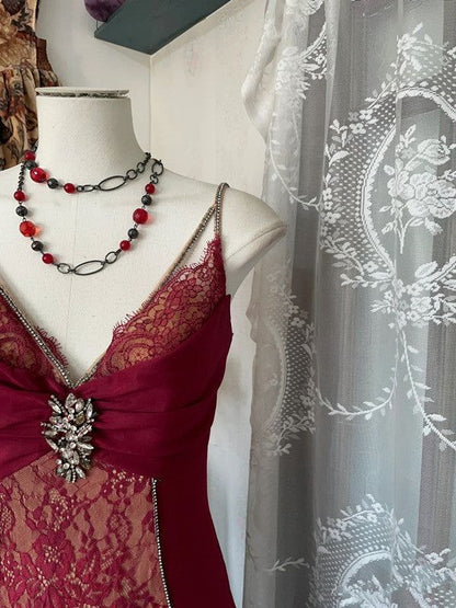 Vintage langes, burgunderrotes Spitzen-Abendkleid mit V-Ausschnitt, Meerjungfrauen-Stil, Partykleid, Tanzoutfit N535