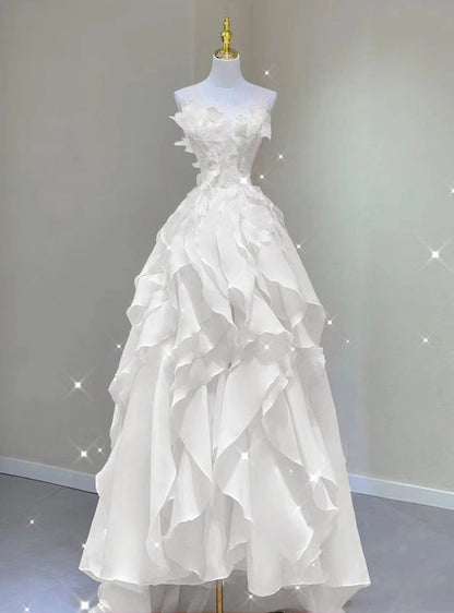 A line White Tulle See Through Neck Appliques Prom Dress AB969