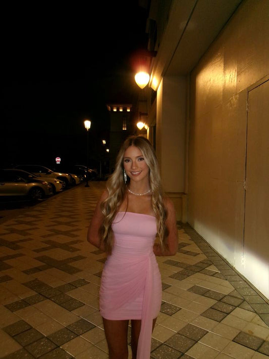 Pretty Sheath Strapless Pink Bodycon Mini Graduation Dresses Short High School Teens Inspo Senior Homecoming Outfits RB3432