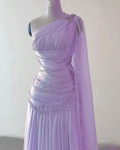 Robe de soirée longue en mousseline rose, élégante, asymétrique, fourreau, épaule dénudée, idéale pour un bal de promo ou une cérémonie (AB525)