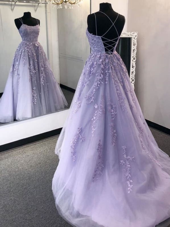 Stylish Backless Lavender Lace Long Prom Dresses Aline Evening Formal Dresses Vestidos De Dia AB511
