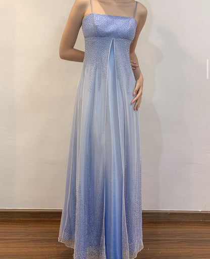 Vintage A-Linie Spaghettiträger Ombre Blau Mit Perlen Abendkleid Langes Ballkleid N2748