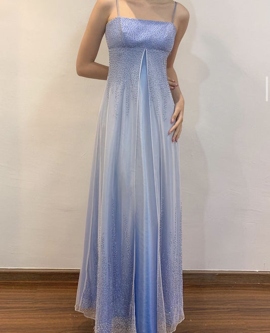 Vintage A line Spaghetti Strap Ombre Blue With Beading Formal Dress Long Prom Dresses N2748