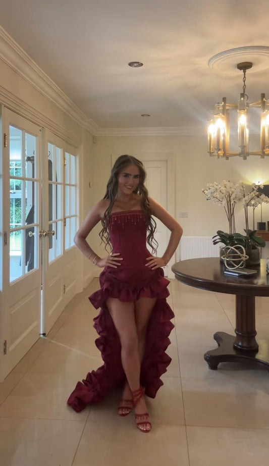 Modest High Low Strapless Burgundy Satin Prom Dresses With Beads Evening Party Formal Gown 18th Birthday Gowns AB797