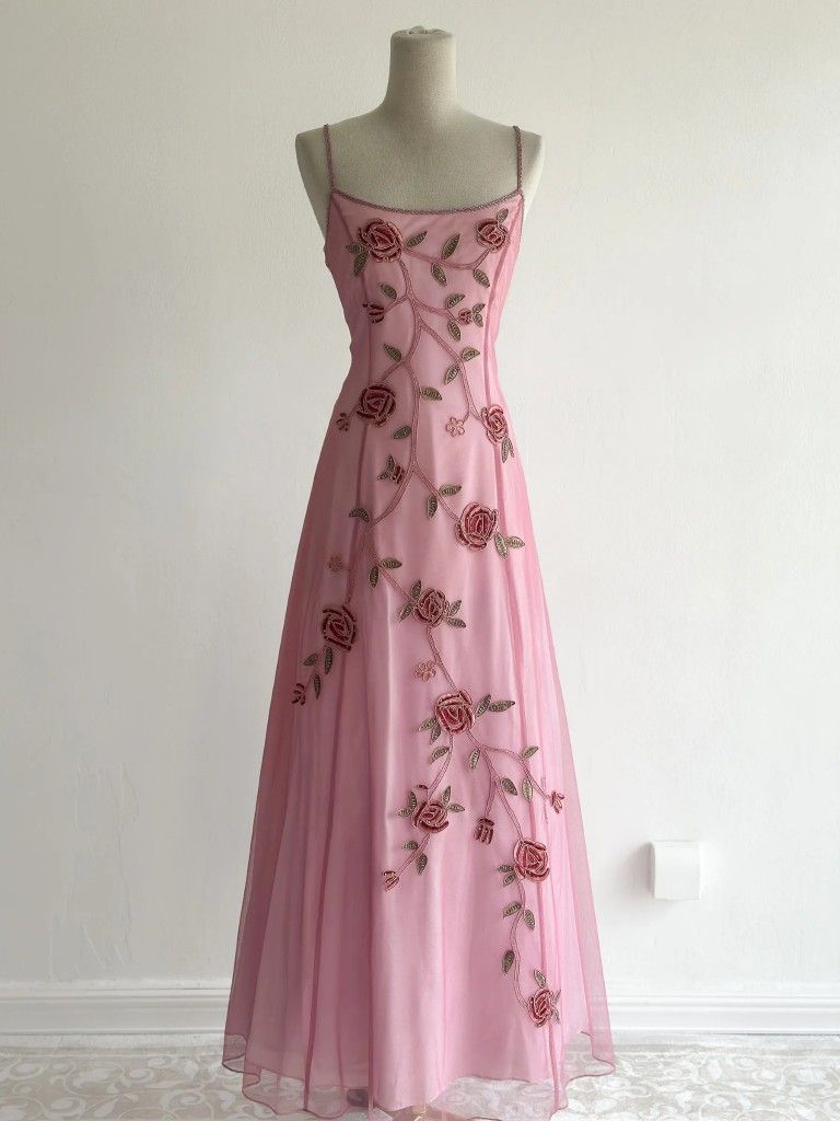 Robe de soirée vintage rose en mousseline de soie à fines bretelles avec perles, coupe trapèze, style années 2000, pour 21e anniversaire, bal de promo N2760