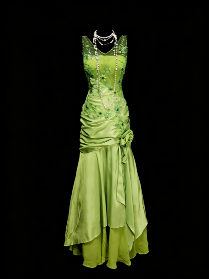 Vintage Ballkleider Ästhetik 1960er Jahre Retro V-Ausschnitt Grünes Chiffon Meerjungfrau Langes Partykleid N2137