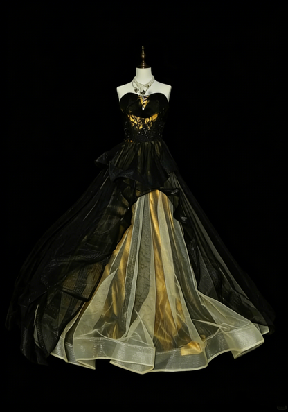Robe de bal vintage bustier cœur en tulle noir sans manches années 80, robe de soirée longue et élégante N1460