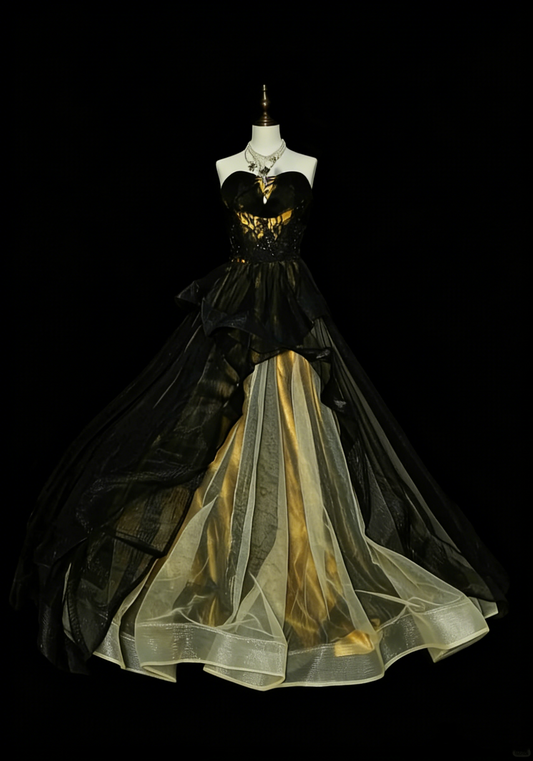 Robe de bal vintage bustier cœur en tulle noir sans manches années 80, robe de soirée longue et élégante N1460