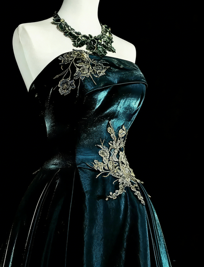 Robe de bal longue vintage années 70, coupe trapèze, bustier, en velours vert foncé avec appliques dorées, référence N1845