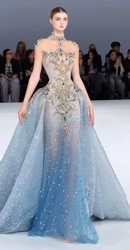 Robe de bal longue sirène modeste à col montant en tulle bleu et perles dorées - Inspiration robes de soirée pour femmes - Robe de cérémonie AB1218
