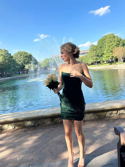 Cute Sheath Tight Bodycon Strapless Dark Emerald Green With Ruffled Short Inspo Hoco Dress Ideas Homecoming Dresses RB4089