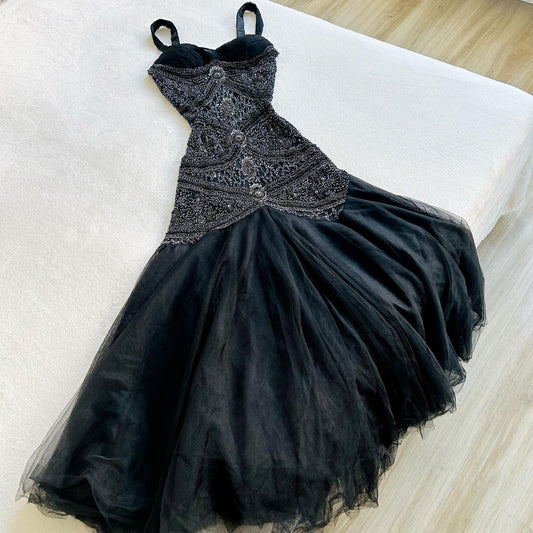 Modest Mermaid Sweetheart Black Tulle Beaded Long Prom Dresses Inspiration Evening Gowns For Women Formal Party Dress AB1256