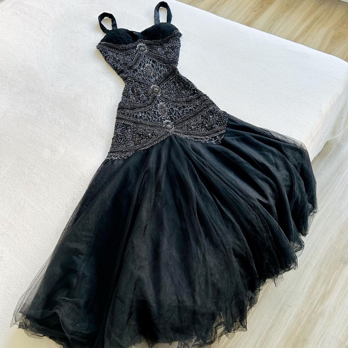 Flamboyant Mermaid Sweetheart Black Tulle With Beads Sleeveless Long Prom Dresses Long Formal Dress RB3838