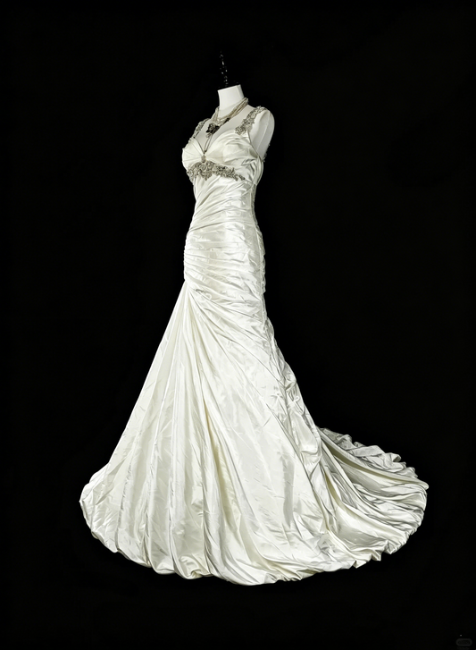Unique Wedding Dresses Mermaid Sweetheart Satin Ruffled Sleeveless Ivory Long Brides Dress N3519