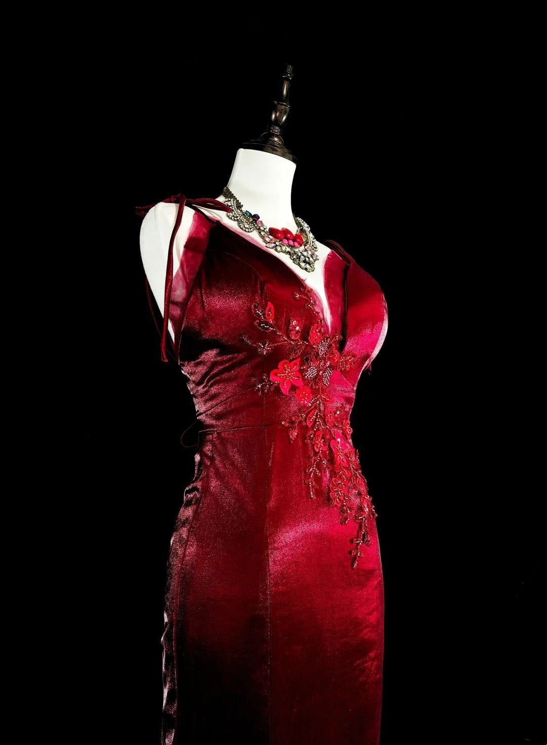 Robe de bal vintage sirène à fines bretelles bordeaux, inspiration classique, robe de soirée formelle N1993