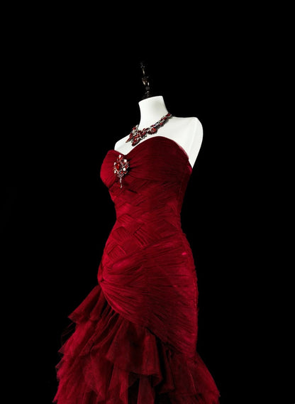 Robes de bal vintage sirène bustier cœur rouge tulle avec couches étagées longue robe de soirée N2376