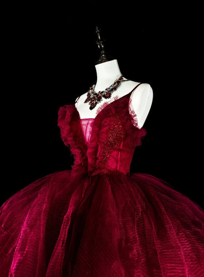 Elegant Ball Gown Spaghetti Strap Burgundy Tulle Inspiration Long Prom Dresses Sweet 16 Dress N1826