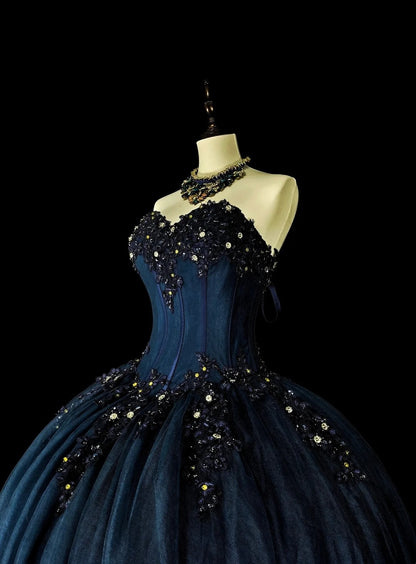 Vintage Ballkleid mit Herzausschnitt, marineblauer Tüll, 80er Jahre, Abendkleid, formelles Kleid zum 16. Geburtstag, langes Ballkleid N1757
