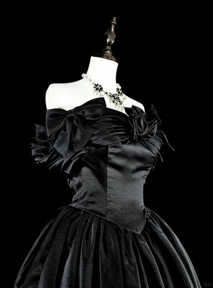 Bescheidene Ballkleider für den Abschlussball, schulterfrei, aus schwarzem Satin, langes Abendkleid, Quinceanera-Kleid N3073
