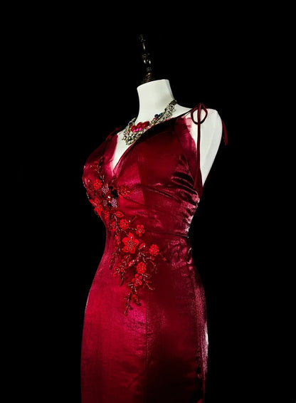 Robe de bal vintage sirène à fines bretelles bordeaux, inspiration classique, robe de soirée formelle N1993