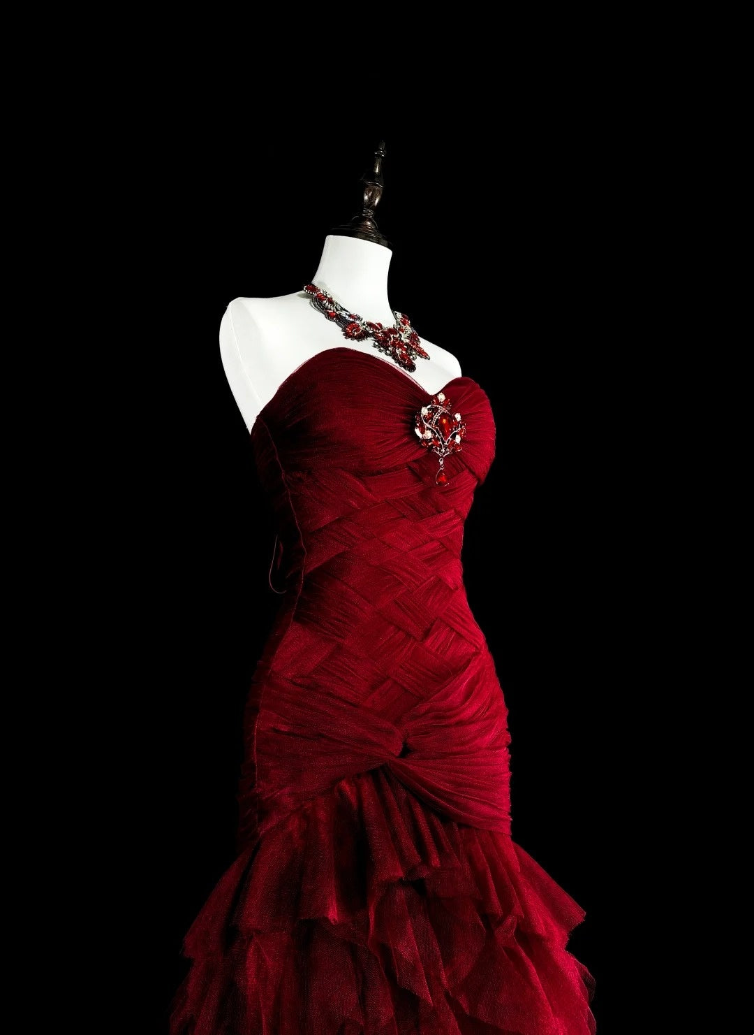 Robes de bal vintage sirène bustier cœur rouge tulle avec couches étagées longue robe de soirée N2376