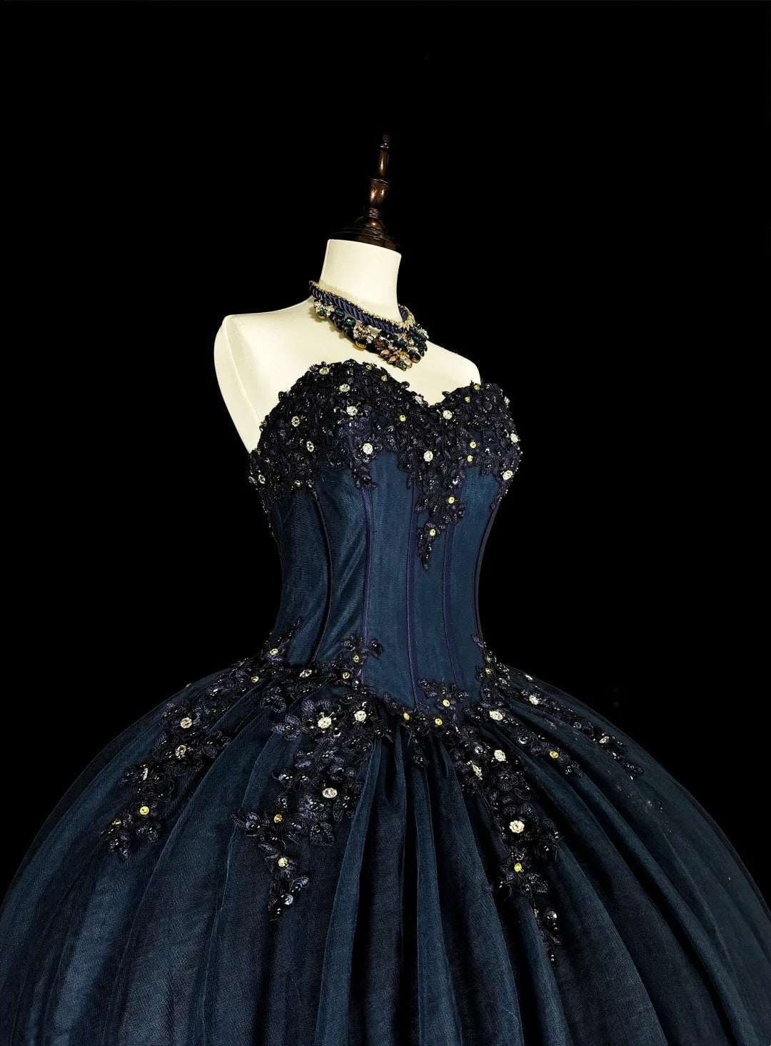 Vintage Ballkleid mit Herzausschnitt, marineblauer Tüll, 80er Jahre, Abendkleid, formelles Kleid zum 16. Geburtstag, langes Ballkleid N1757