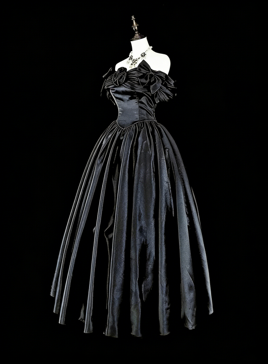 Modest Prom Dresses Ball Gown Off The Shoulder Black Satin Evening Long Quince Dress N3073