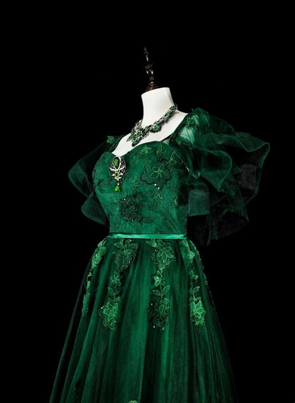 Robe de bal longue vintage vert foncé à bretelles spaghetti et dentelle perlée, coupe trapèze, référence N1827