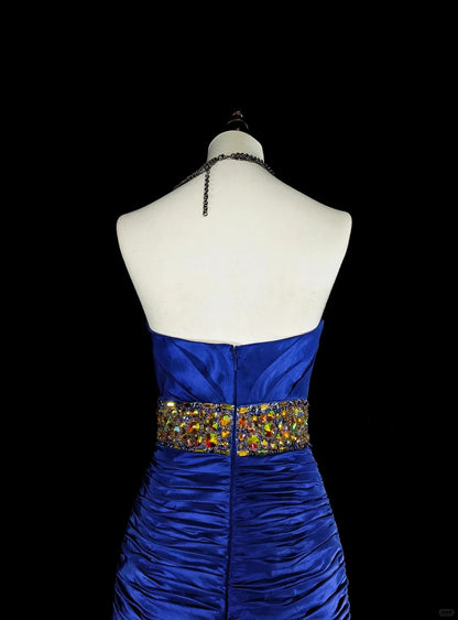 Robes de bal vintage Sirène Cœur Bleu Royal Haut Bas Avec Perles Longue Robe de Soirée N2370