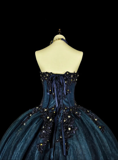 Vintage Ballkleid mit Herzausschnitt, marineblauer Tüll, 80er Jahre, Abendkleid, formelles Kleid zum 16. Geburtstag, langes Ballkleid N1757