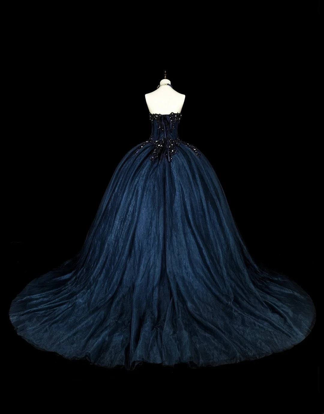 Vintage Ballkleid mit Herzausschnitt, marineblauer Tüll, 80er Jahre, Abendkleid, formelles Kleid zum 16. Geburtstag, langes Ballkleid N1757