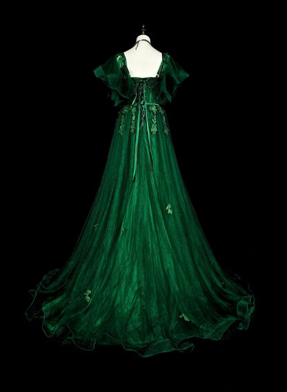 Robe de bal longue vintage vert foncé à bretelles spaghetti et dentelle perlée, coupe trapèze, référence N1827