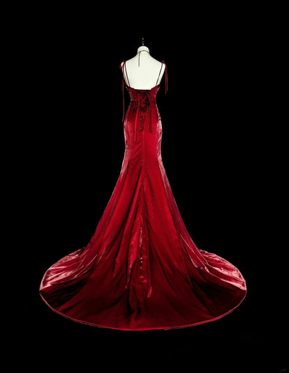 Robe de bal vintage sirène à fines bretelles bordeaux, inspiration classique, robe de soirée formelle N1993